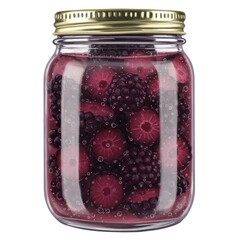 Glass jar filled with raspberries and blackberries in syrup isolated on white background