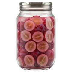 Glass jar filled with halved red grapes and sparkling liquid isolated on white background
