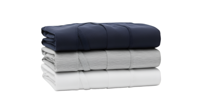 Neatly stacked men's boxer briefs in navy, gray, and white offer comfort and style for everyday wear, showcasing minimalist fashion essentials isolated on transparent background