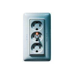 A white electrical outlet with three sockets and a red indicator light isolated on transparent background