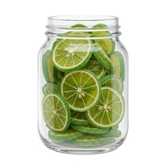 Freshly sliced limes preserved in a clear glass jar, ready to use isolated on white background