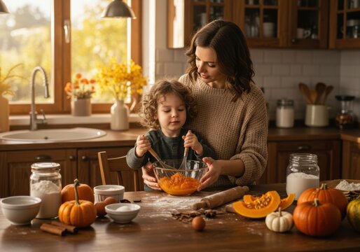 A mother and her young child mixing pumpkin puree in a warm, cozy kitchen setting during autumn