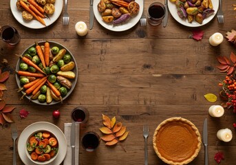 An overhead shot of a rustic wooden table set with roasted vegetables, pumpkin pie, and wine for a holiday feast