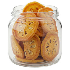 Dehydrated bael fruit slices preserved in a clear glass jar isolated on white background