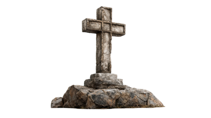 Stone cross standing on base with carved solid structure creating a religious monument sculpture illustration isolated on white background