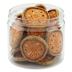 Dried bael fruit slices in a clear glass jar, close up view isolated on white background