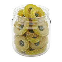 Jar of sugary, green candy rings with dark green centers isolated on white background