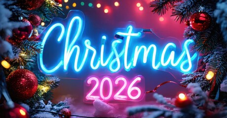 Bright neon Christmas sign surrounded by festive decorations. Red ornaments, snow, lights create joyful holiday atmosphere. Year 2026 displayed below text.