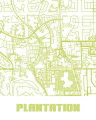 A minimalist line-art map of Plantation, Florida, featuring its streets and highways.
