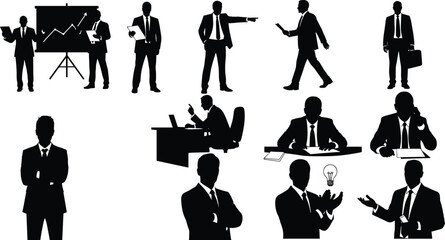 Businessman silhouette, office worker, corporate man, manager clipart, executive vector, CEO illustration, formal suit, leadership concept, meeting, presentation
