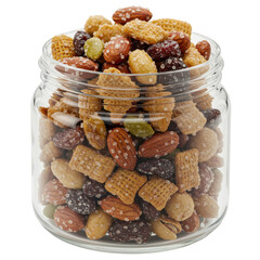 A glass jar overflowing with sweet and savory mixed nuts and snacks isolated on white background