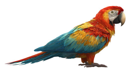 Obraz premium Vibrant tropical illustration of exotic colorful parrot with detailed feathers, bright plumage, vivid wings, perched bird artwork isolated on white background 