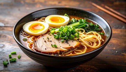 A close-up shot showcases a bowl of Japanese ramen, featuring noodles, broth, egg halves, meat slices, and green onions. The dish is set on wood