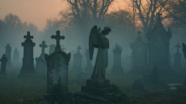 Misty graveyard scene with angel statues at dusk