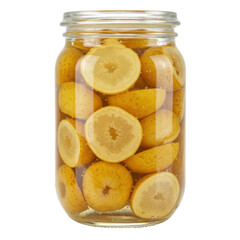 Preserved lemons in a glass jar, showing sliced citrus fruits isolated on white background