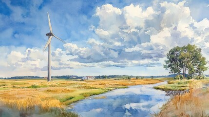Obraz premium Watercolor landscape, wind turbine, field, river, blue sky