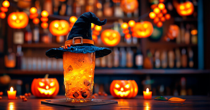 Funny Halloween drink with mystical witch hat and spooky lighting