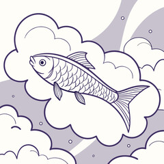 Stylized line art illustration of a single fish swimming through stylized clouds with a simple abstract background in a minimalist design style