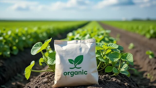 Organic fertilizer bag sits in a lush green agricultural field under a bright sky