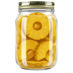 Pineapple rings preserved in a glass jar with golden lid and bubbles isolated on white background