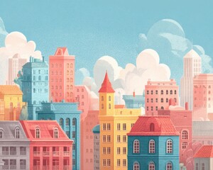 Obraz premium Cityscape in Pastel Hues: An illustrative, charming cityscape with buildings in pastel colors, reflecting a sense of peace and tranquility under a blue sky.
