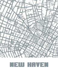 A minimalist line-art map of New Haven, Connecticut, featuring its streets and highways.