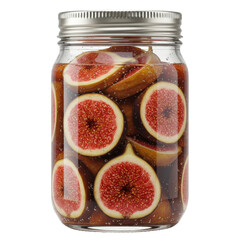 Preserved fig slices in a glass jar with bubbles isolated on white background