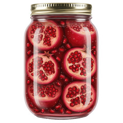 Pomegranate slices preserved in a glass jar with golden lid and bubbles isolated on white background