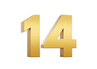 Obraz premium 3D Golden number 14 Fourteen with a shiny metallic finish and sharp edges, 3d illustration