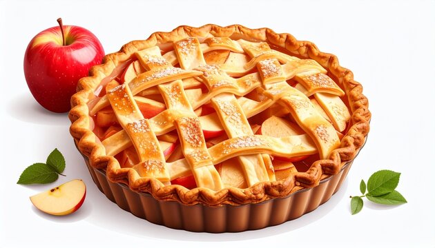 Golden-brown lattice apple pie in fluted tin, dusted with powdered sugar on transparent background, high-resolution home baking concept.