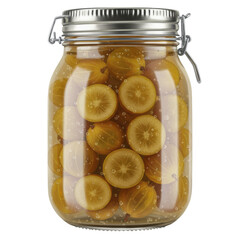 Preserved gooseberries in a glass jar with metal lid and bubbles isolated on white background