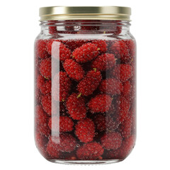 Jarred mulberries preserved red fruit in glass with golden lid and bubbles isolated on white background