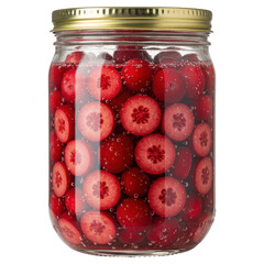 Pickled cranberries in a glass jar with golden lid, showing cross sections isolated on white background