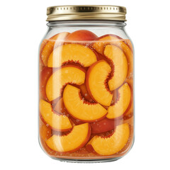 Glass jar of peach slices preserved in sweet syrup isolated on white background