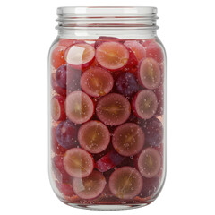 Refreshing grape slices in a clear glass jar isolated on white background