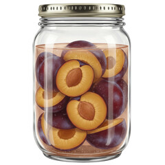 Jarred plums preserved fruit in clear glass with silver lid detail isolated on white background