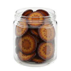 Jar filled with dried bael fruit slices, showing translucent texture and concentric patterns isolated on white background