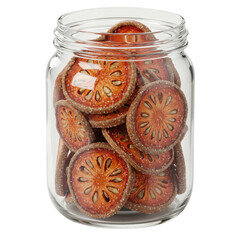 Glass jar filled with dried bael fruit slices, showing seeds and textured rind isolated on white background