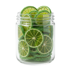 Delicate lime slices in a clear glass jar isolated on white background