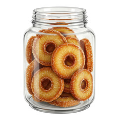 Glass jar filled with sweet candied pineapple rings isolated on white background