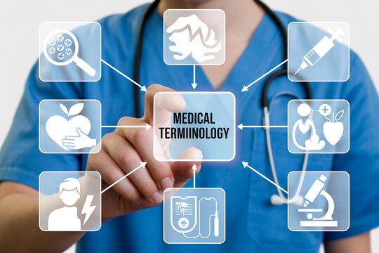 Medical terminology concept doctor touching screen with health icons and medical symbols diagram 100
