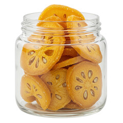 Dehydrated fruit slices in a glass jar isolated on white background