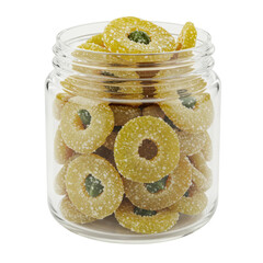 Sugar-coated pineapple rings in glass jar isolated on white background