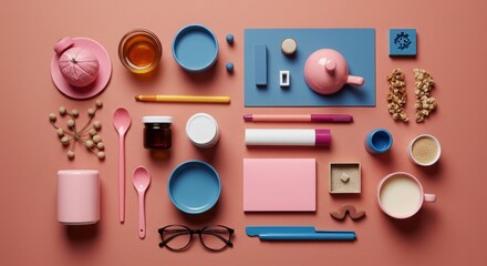 Colorful Arrangement of Stationery and Kitchenware on Pink Surface