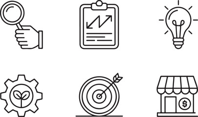 A modern collection of minimalist line art icons representing essential business concepts like strategic planning, market analysis, innovation, growth, goal setting, and commerce