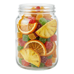 Colorful candied fruits and gummy candies in a glass jar isolated on white background