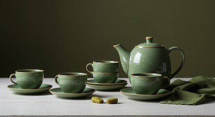 Elegant Green Tea Set with Cups and Teapot on White Wooden Surface