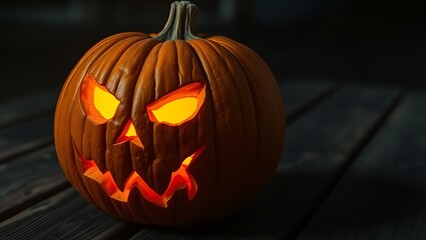 Carved Halloween pumpkin emitting an eerie orange glow, placed on weathered wooden planks for a spooky effect.
