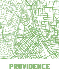 A minimalist line-art map of Providence, Rhode Island, featuring its streets and highways.