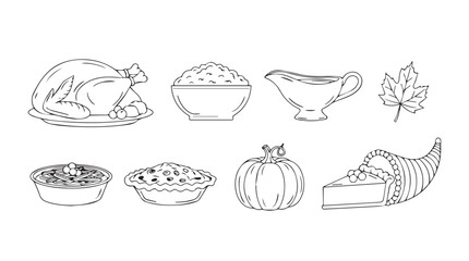 Hand drawn thanksgiving dinner collection roast turkey gravy mashed potatoes seasonal food elements silhouette